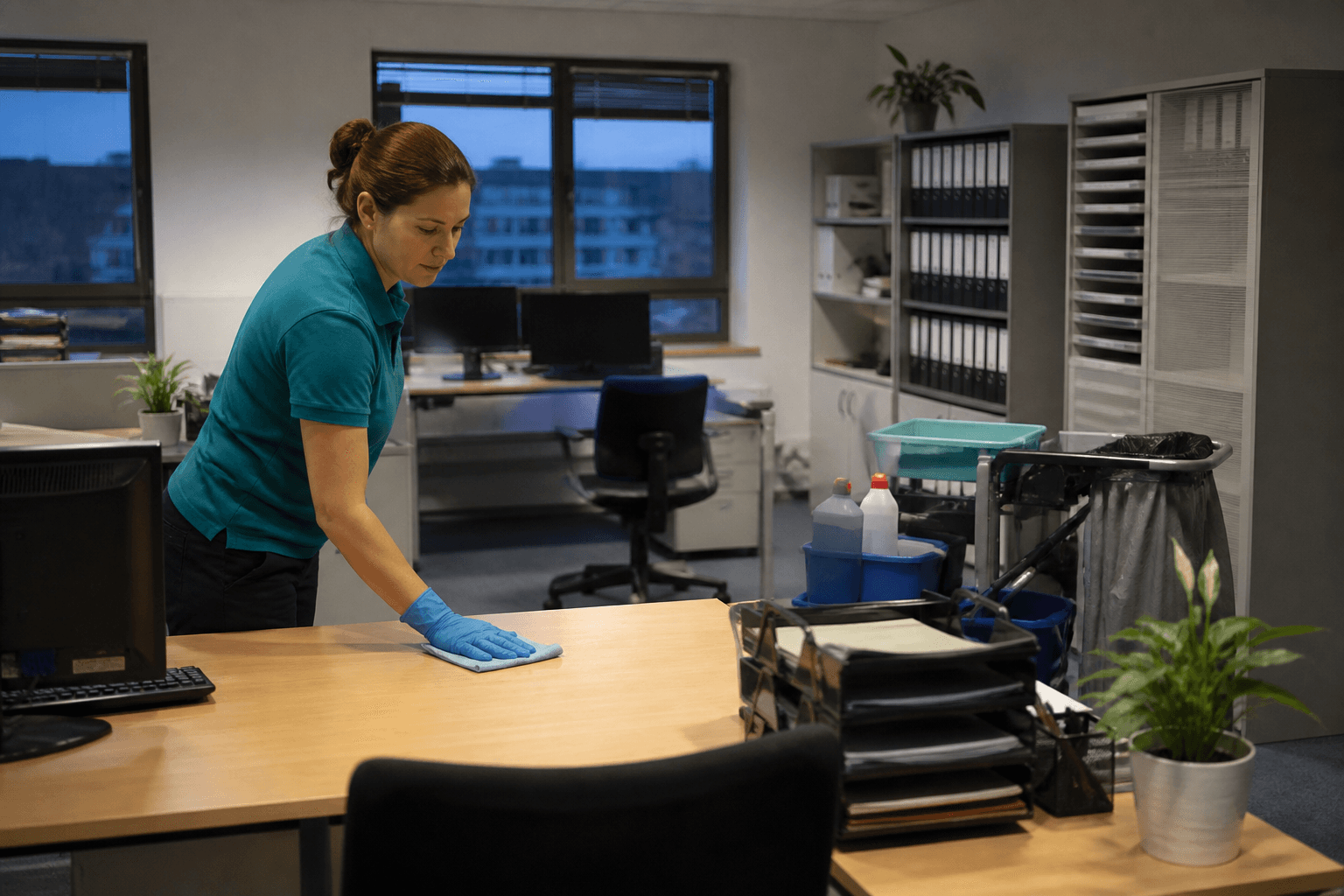 Reinigungskraft reinigt einen Schreibtisch in einem Büro