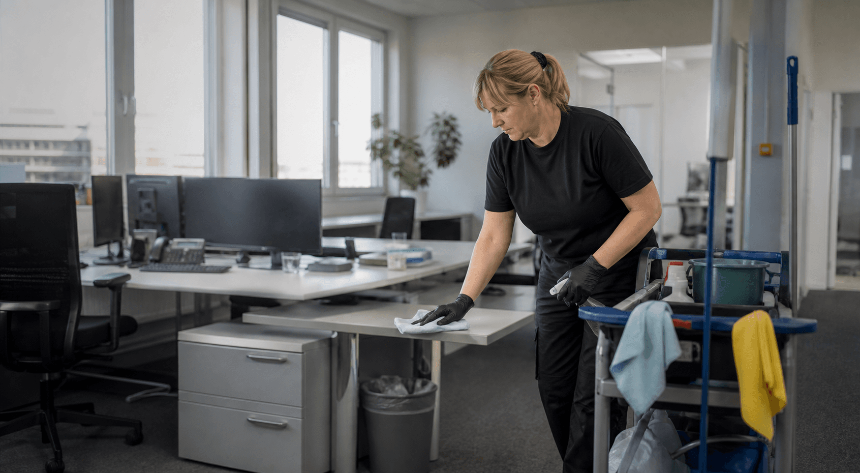 Mitarbeiterin bei der regelmäßigen Reinigung eines Büros
