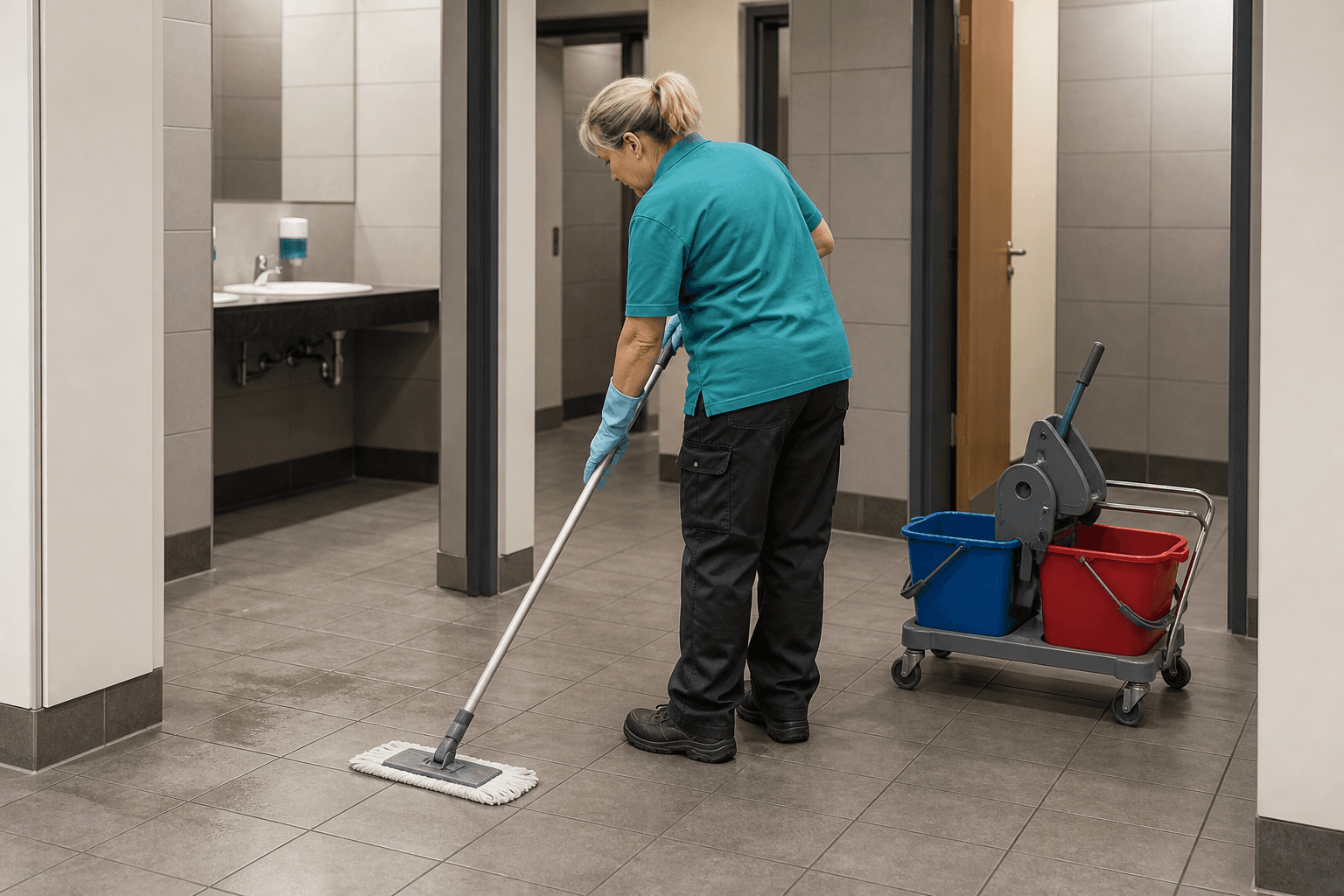 Reinigungskraft bei der Bodenpflege vor gewerblichen Sanitärbereichen