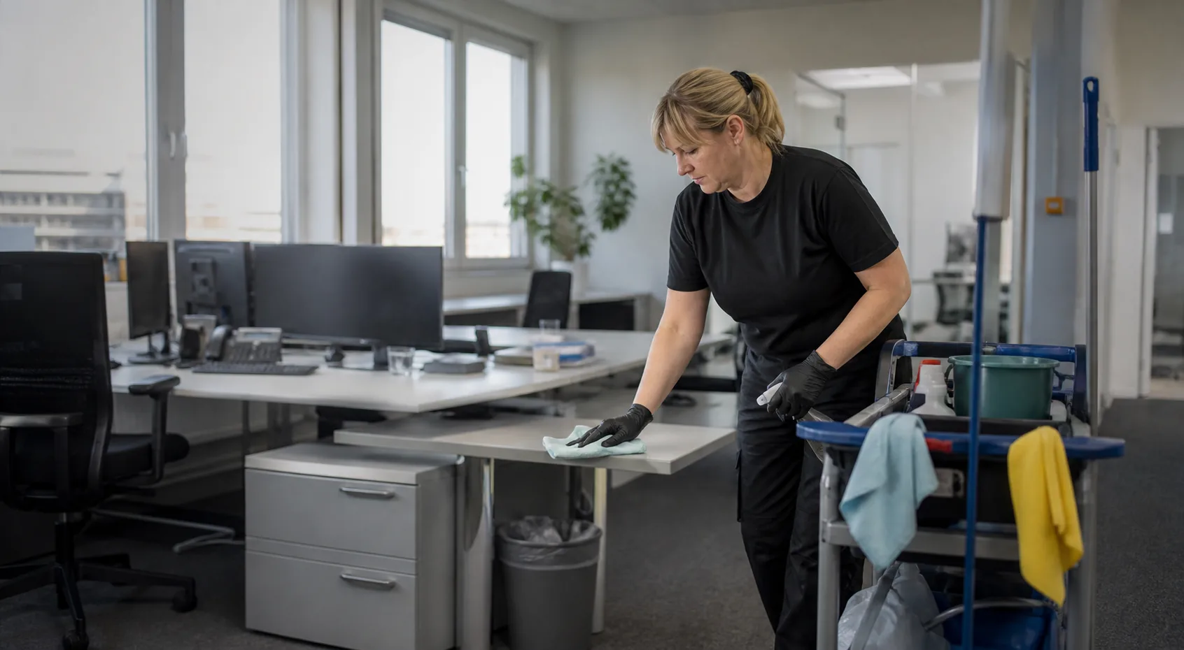 Mitarbeiterin bei der regelmäßigen Reinigung eines Büros