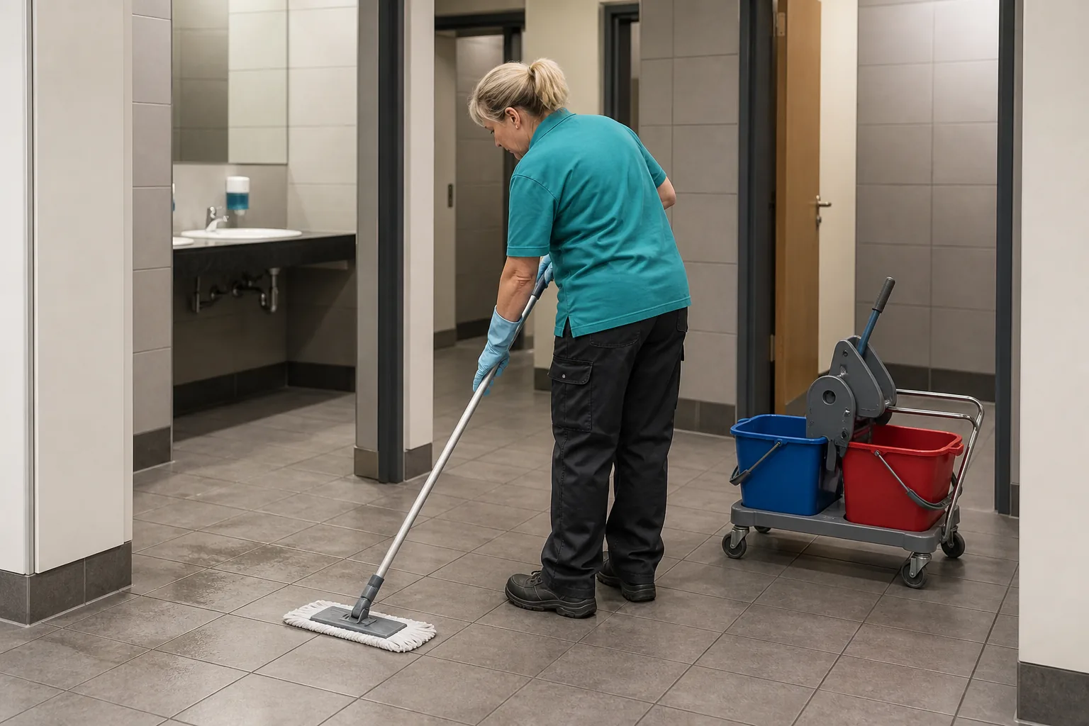Reinigungskraft bei der Bodenpflege vor gewerblichen Sanitärbereichen
